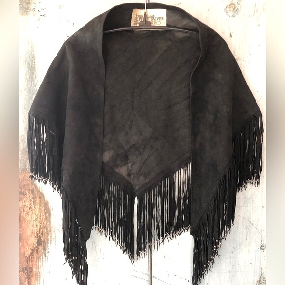 Black suede fringed wrap with silver beads made in the USA; dress it up or down - Picture 11 of 13